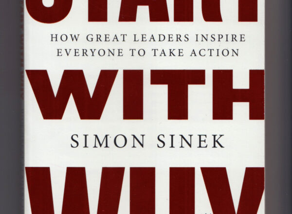 Start With Why book cover featuring the title in bold red letters on a white background, by author Simon Sinek. The cover also reads "How Great Leaders Inspire Everyone to Take Action" and "with a new preface and afterword."