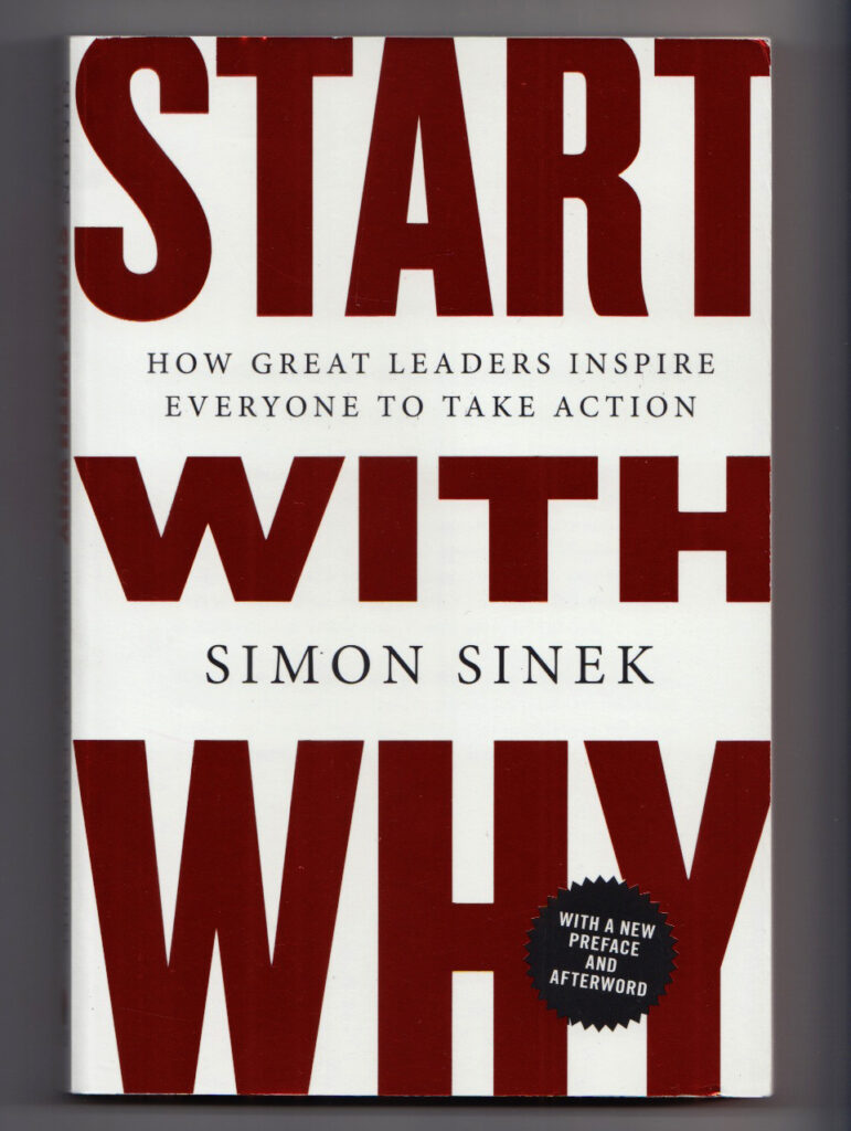 Start With Why book cover featuring the title in bold red letters on a white background, by author Simon Sinek. The cover also reads "How Great Leaders Inspire Everyone to Take Action" and "with a new preface and afterword."