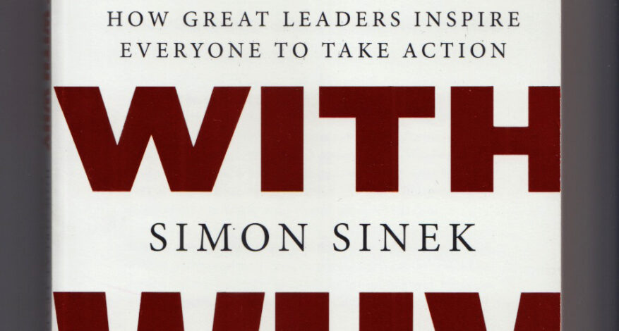 Start With Why book cover featuring the title in bold red letters on a white background, by author Simon Sinek. The cover also reads "How Great Leaders Inspire Everyone to Take Action" and "with a new preface and afterword."